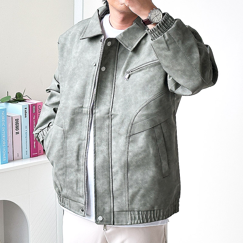남자가죽자켓 비건레더 라이더자켓 블루종 집업 점퍼 - 상세 이미지 4