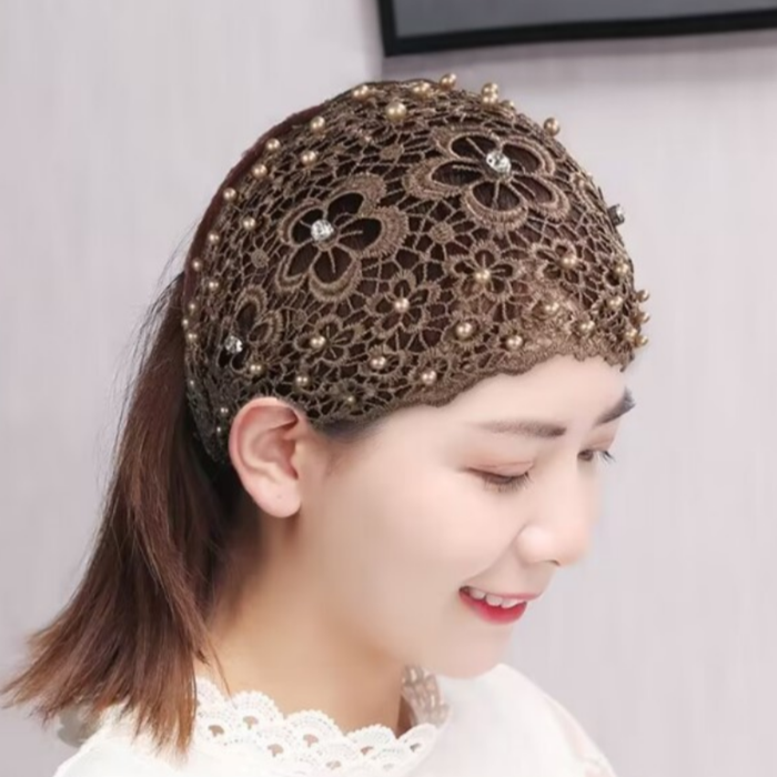 레이스두건 진주장식 머리수건 중년 여성 레이스헤어망 - 메인 이미지