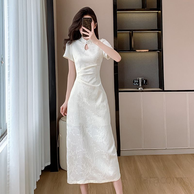 여성 여름 롱 드레스 슬림 핏 플리츠 디자인 시원한 착용감의 개량 치파오 스타일 데일리룩 휴양지원피스 - 상세 이미지 4