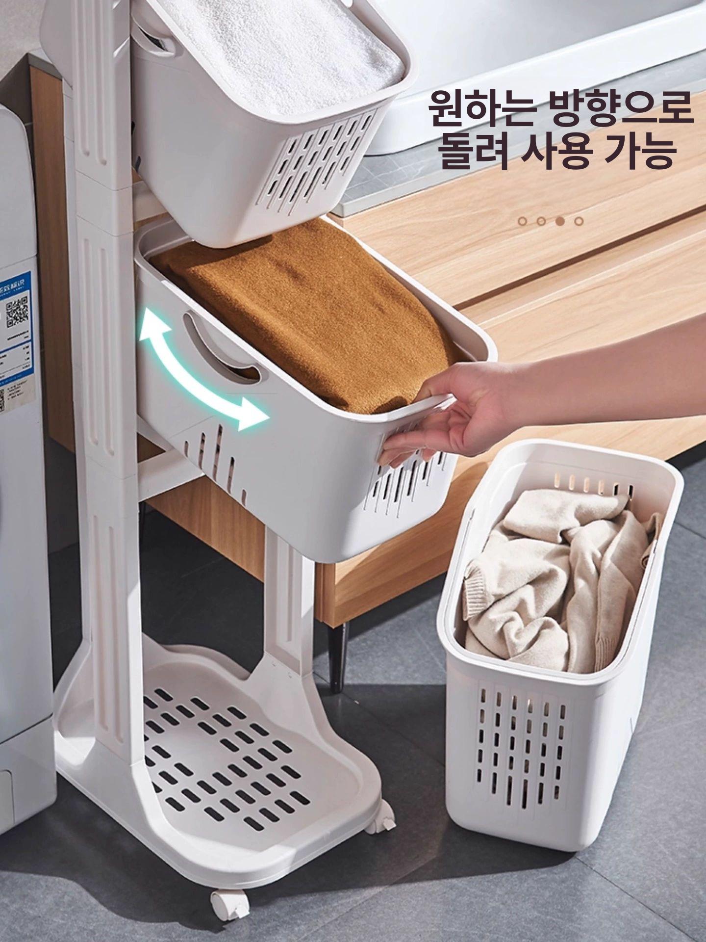 틈새 빨래 바구니 선반 수납 수건통 수거함 다용도 접이식 빨래바구니 세탁바구니 3단 베이지 경사 디자인_손잡이 포함 - 상세 이미지 4