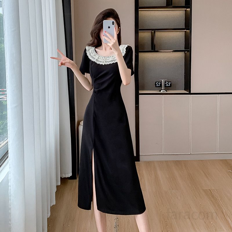 레이스 플리츠 라운드넥 여름원피스 슬리밍 숏드레스 여성 데일리 시원한 착용감 하객룩 스타일링 플레어 디자인 - 상품 이미지