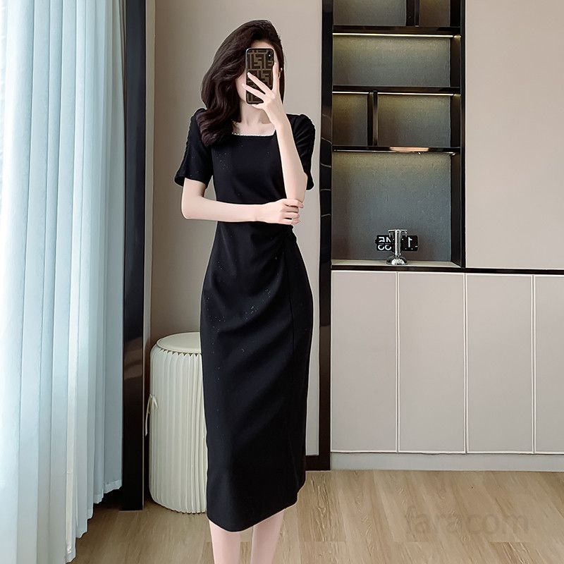 여성용 여름 드레스 스퀘어 칼라 심플 플리츠 디자인 미디엄 롱 스타일 펄 기질 허리 슬리밍 효과 빅사이즈 가능성 있는 촬영용 샤이니 원피스 - 상세 이미지 5