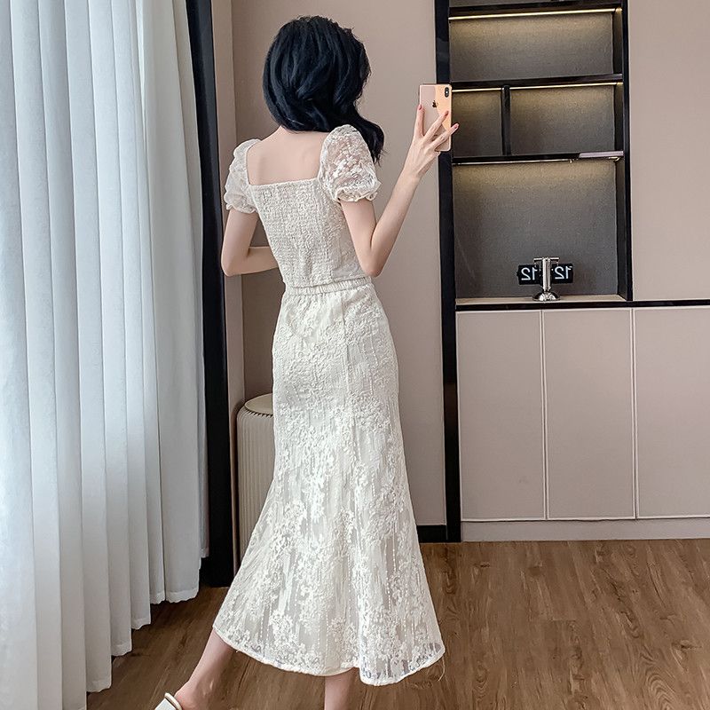 여성 여름 자수 스퀘어넥 롱피쉬테일 투피스 세트 드레스 살구색 고급스러운 스타일 데일리룩 파티룩 활용 가능 - 상세 이미지 5