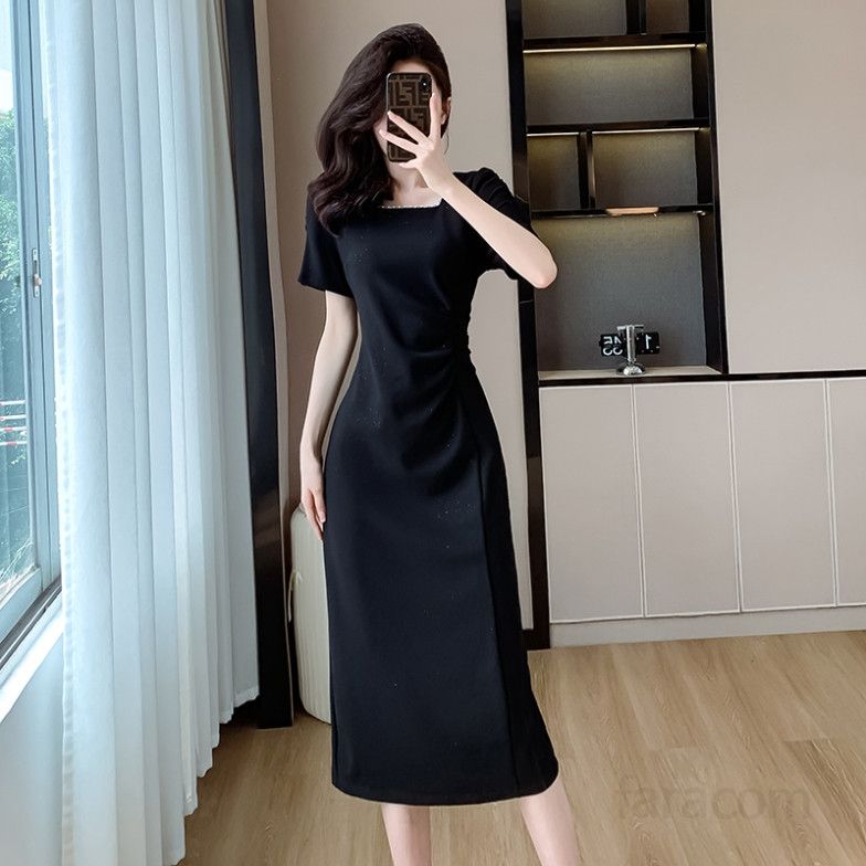 여성용 여름 드레스 스퀘어 칼라 심플 플리츠 디자인 미디엄 롱 스타일 펄 기질 허리 슬리밍 효과 빅사이즈 가능성 있는 촬영용 샤이니 원피스 - 상세 이미지 3
