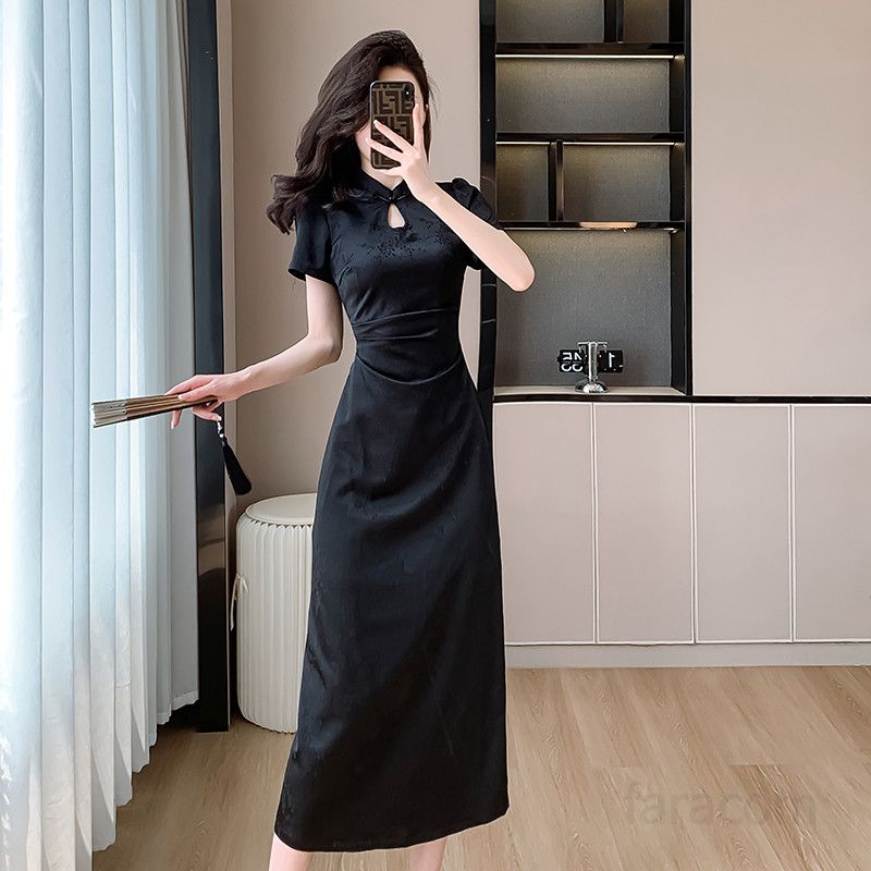 여성 여름 롱 드레스 슬림 핏 플리츠 디자인 시원한 착용감의 개량 치파오 스타일 데일리룩 휴양지원피스 - 상세 이미지 3