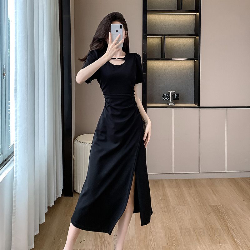 여성용 여름 플리츠 드레스 미디 길이 슬릿 허리 슬리밍 스타일 감각적인 디자인 중장기장 여성원피스 데일리 시원한 착용감 편안한 외출용 - 상세 이미지 3