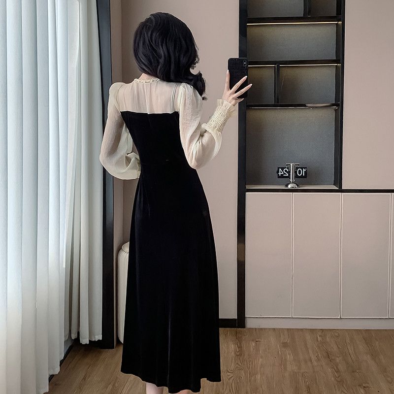 여성 긴팔 벨벳 드레스 가을 슬림핏 A라인 롱원피스 진주 리본 디테일 하객룩 파티룩 엘레강스 스타일링 매력적인 디자인 - 상세 이미지 4