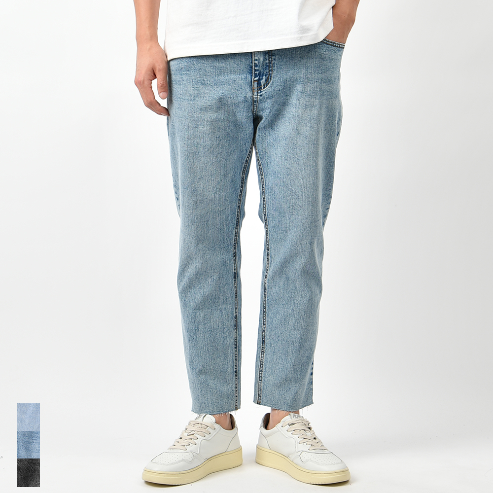 남자 청바지 스판 밑단 컷팅 워싱 9부 빅사이즈 흑청 연청바지