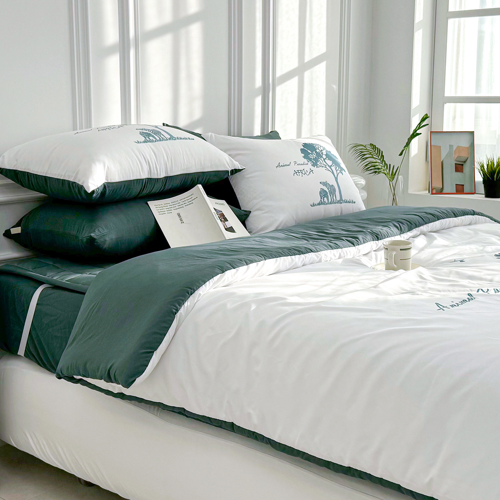 사바나 애니멀 프린트 워싱 옥수수솜 무봉제 차렵이불 세트 포레스트그린, Q패드세트(이불+베개커버+침대패드)