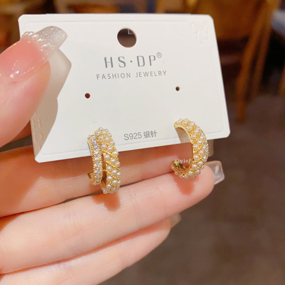 더블 레이어 반링 14K 진주 귀걸이 우아한 큐빅 볼드 이어링 이미지 7