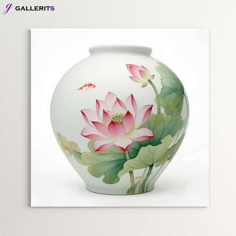 연꽃 달항아리 물고기 그림 돈들어오는 풍수 거실 액자 가게오픈선물 소형 - 상품 이미지