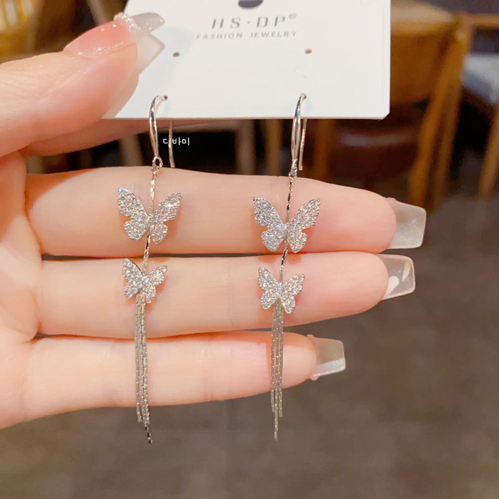 14K 더블 큐빅 나비 귀걸이 고급 태슬 롱 명품 이어링 이미지 8