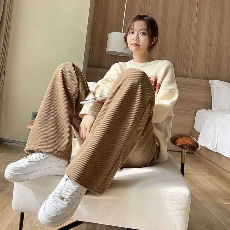 여자 코듀로이팬츠 추리닝바지 줄지 밴딩 골덴 와이드 플리츠 여성 트레이닝 데일리 - 상품 이미지