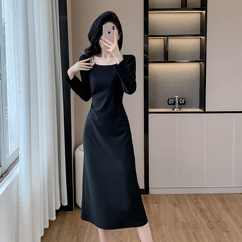 여성 슬림 미디 원피스 봄 신상 프렌치 스퀘어 칼라 스타일 탄력 있는 실루엣 중장기장 드레스 빛나는 힙 감싸는 디자인 데일리룩 복고풍 패션 - 상세 이미지 2