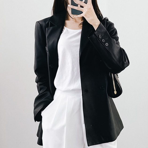 블랙 리얼양가죽 더블버튼 여성정장 루즈핏 블레이저 자켓 - 상품 이미지