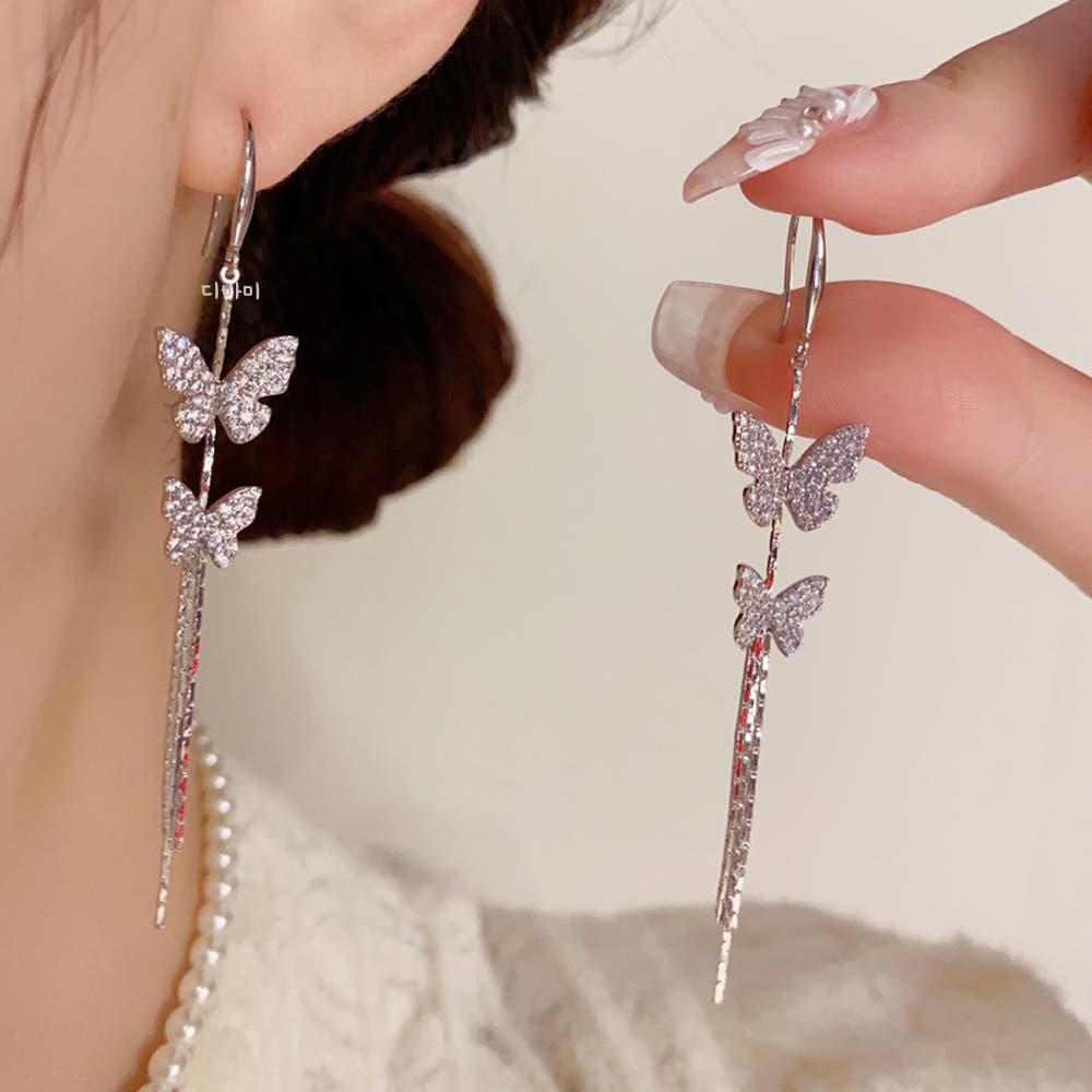 14K 더블 큐빅 나비 귀걸이 고급 태슬 롱 명품 이어링 - 메인 이미지