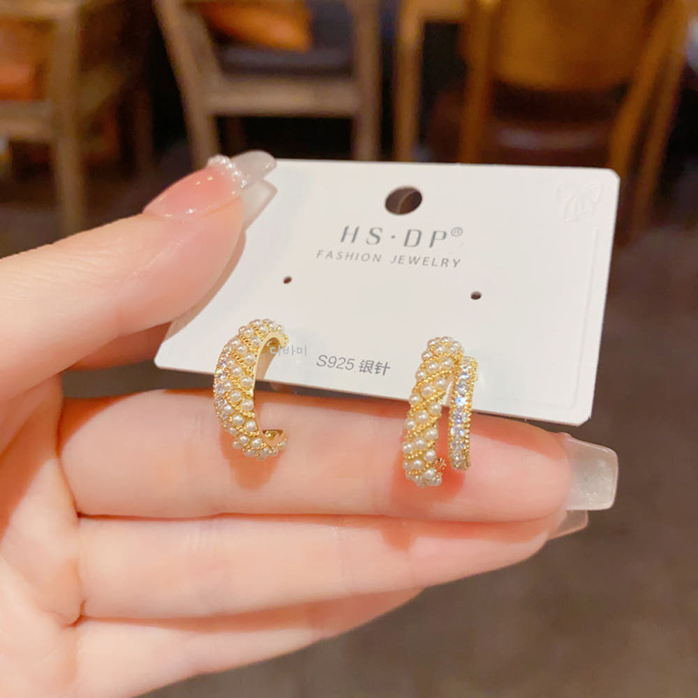 더블 레이어 반링 14K 진주 귀걸이 우아한 큐빅 볼드 이어링 이미지 6
