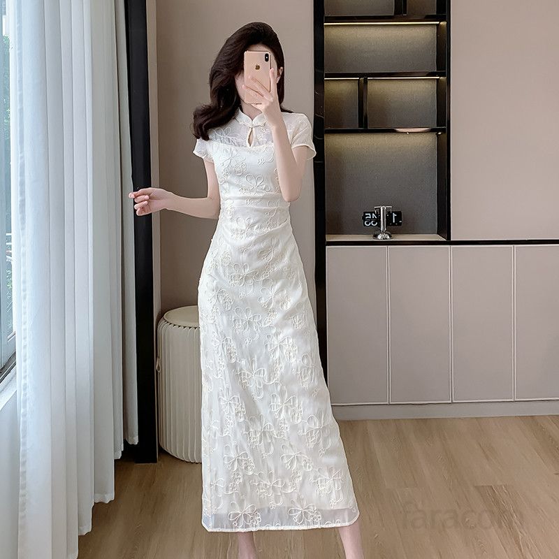 여성 여름 롱드레스 살구색 슬림핏 자수 원피스 레트로 스타일 데일리 시원한 착용감 외출룩 휴양지 바캉스룩 - 상세 이미지 3