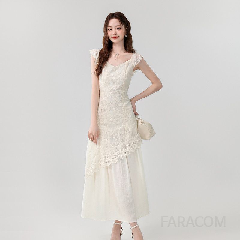 레이스 자수 롱 드레스 우아한 여름 여성원피스 프렌치 V넥 시원한 착용감 여행 휴양지 스타일 바캉스룩 데일리 패션 - 상세 이미지 5