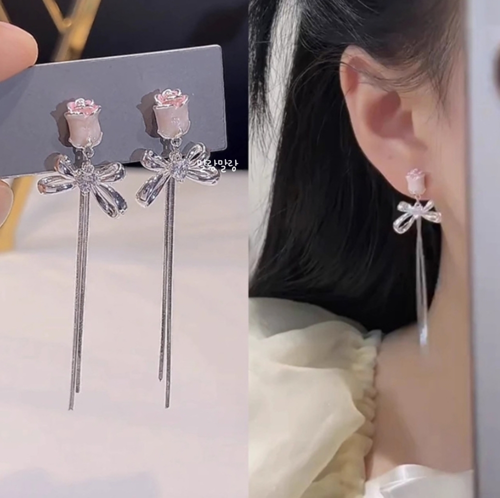 로맨틱 로즈 리본 드롭 이어링 핑크장미 실버체인 귀걸이 - 상품 이미지