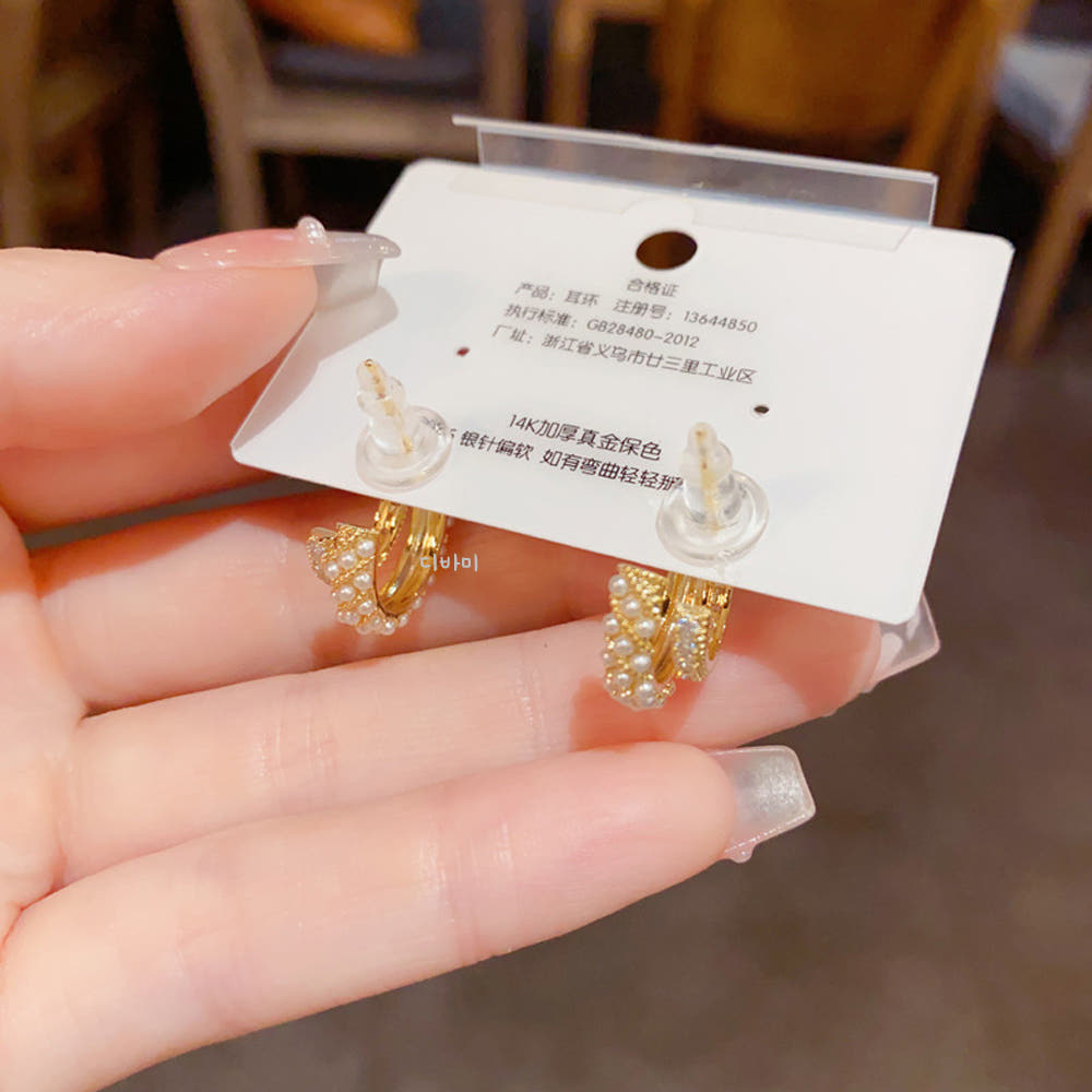 더블 레이어 반링 14K 진주 귀걸이 우아한 큐빅 볼드 이어링 - 상세 이미지 2