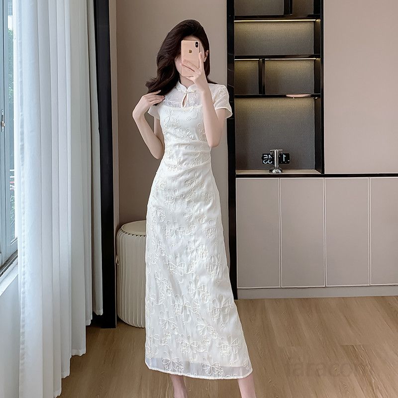 여성 여름 롱드레스 살구색 슬림핏 자수 원피스 레트로 스타일 데일리 시원한 착용감 외출룩 휴양지 바캉스룩 - 상세 이미지 4