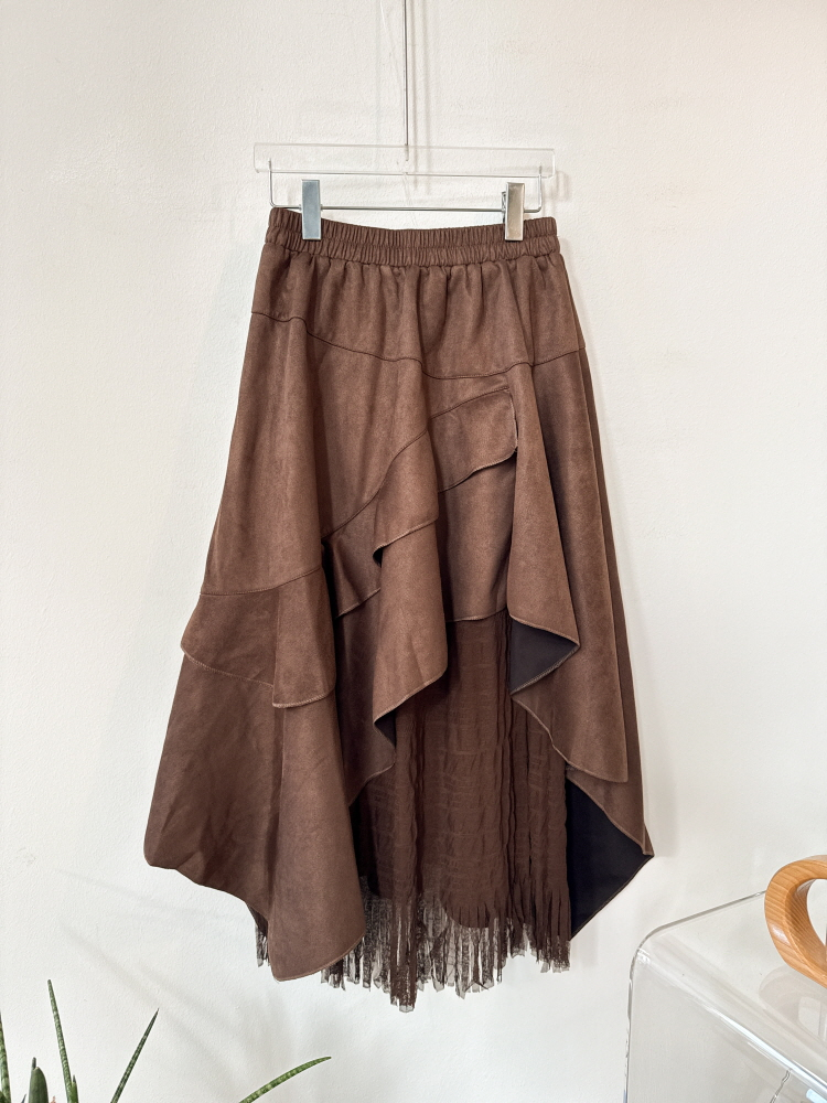 빈티지 히피 언발 캉캉 프릴 스웨이드 레이스 롱 스커트