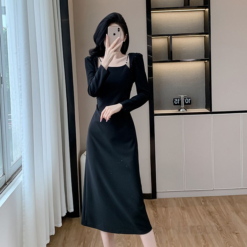 여성 슬림 미디 원피스 봄 신상 프렌치 스퀘어 칼라 스타일 탄력 있는 실루엣 중장기장 드레스 빛나는 힙 감싸는 디자인 데일리룩 복고풍 패션 - 상세 이미지 4
