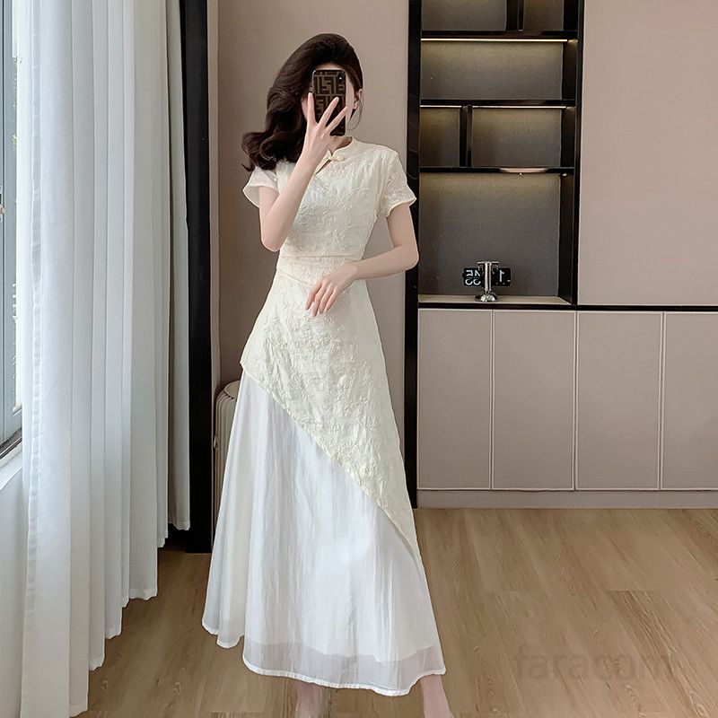 여름 여성 여름롱원피스 살구색 부드러운 자수 드레스 시원한 착용감 바캉스룩 데일리룩 외출용 신선한 스타일 매력적인 디자인 - 상세 이미지 2