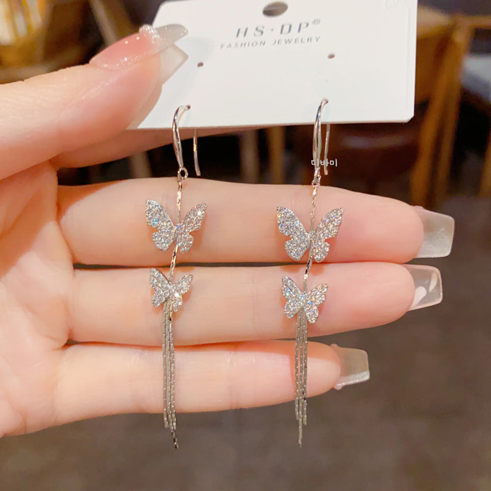 14K 더블 큐빅 나비 귀걸이 고급 태슬 롱 명품 이어링 - 상세 이미지 3