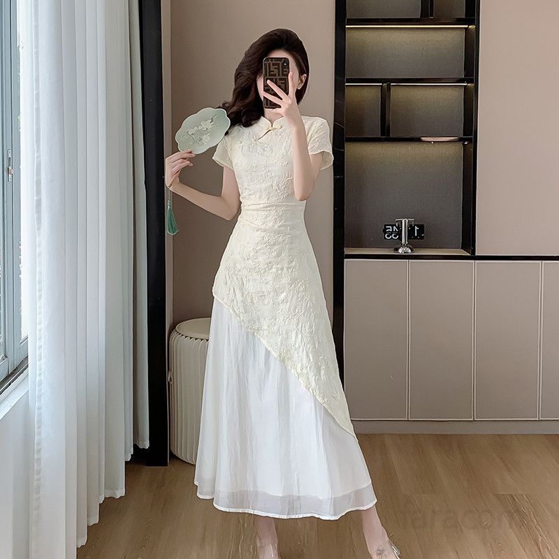 여름 여성 여름롱원피스 살구색 부드러운 자수 드레스 시원한 착용감 바캉스룩 데일리룩 외출용 신선한 스타일 매력적인 디자인 - 상세 이미지 3
