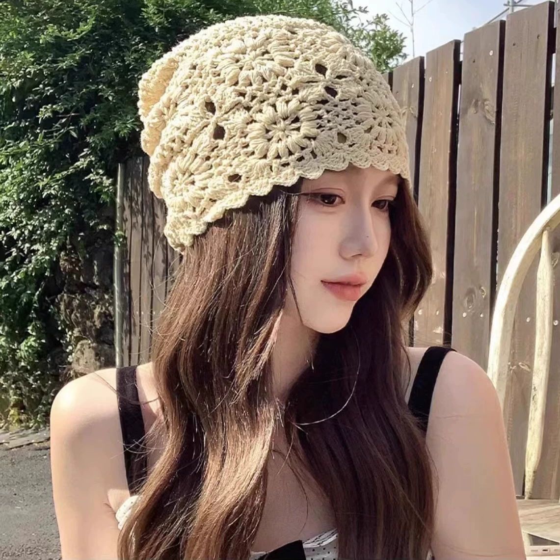 크로셰모자 코바늘 여름 뜨기 버킷햇 뜨개질 땋은  벙거지모자 여성모자 니트모자 베이지+냉갈색 긴 웨이브머리 - 상품 이미지