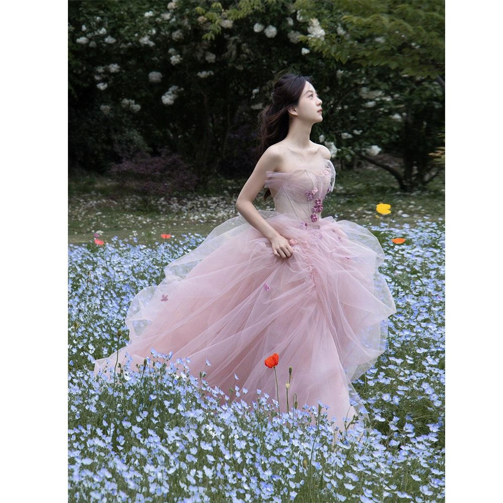 웨딩스냅 핑크웨딩드레스 야외촬영 유색 셀프웨딩 브라이덜샤워 원피스 야외 핑크드레스 오프숄더 핑크YZYH127 S - 상세 이미지 5