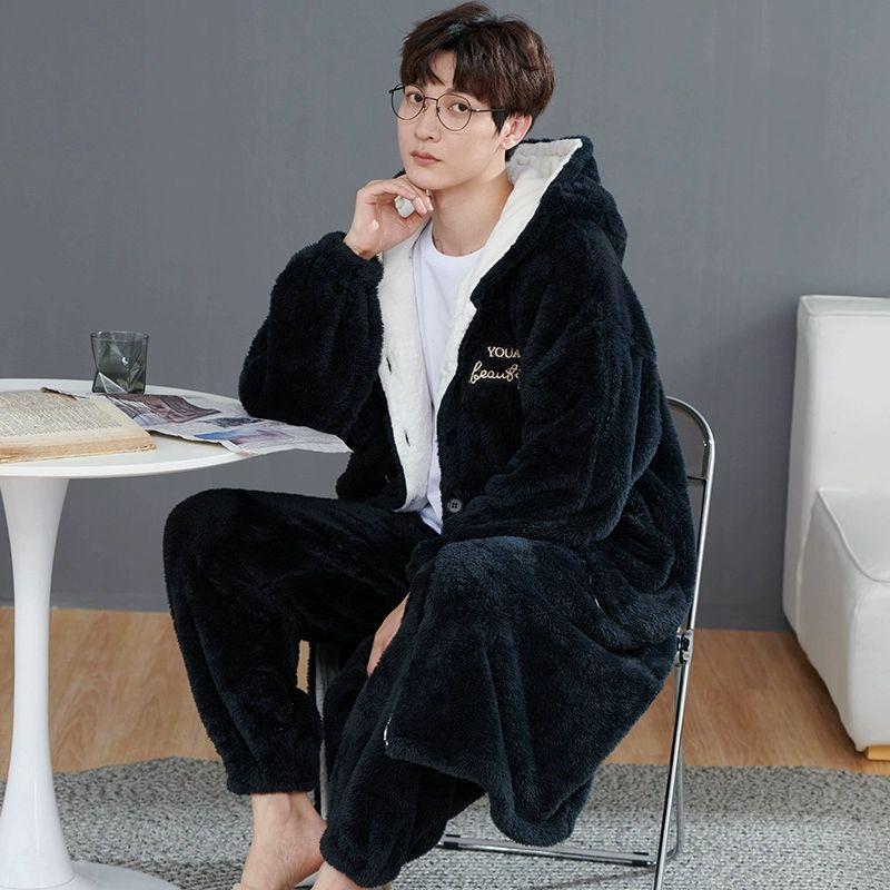 남성 겨울 잠옷 방한 로브 겨울 털 가운 수면 홈웨어 5801 그레이 단잠옷 바지 없음 7XL 137.5-150.0kg - 상세 이미지 4