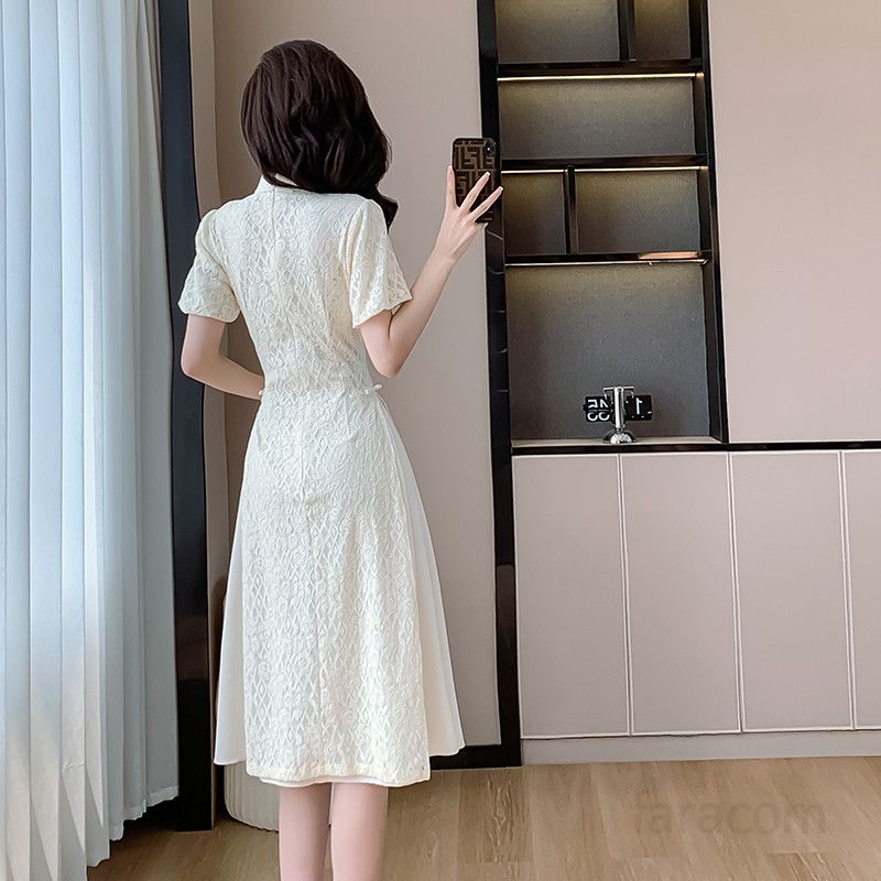 여성용 여름 레이스 미디 원피스 진주 디테일 가짜 투피스 스타일 복고풍 드레스 중장기장 우아한 디자인 데일리룩 신상 패션 - 상세 이미지 5