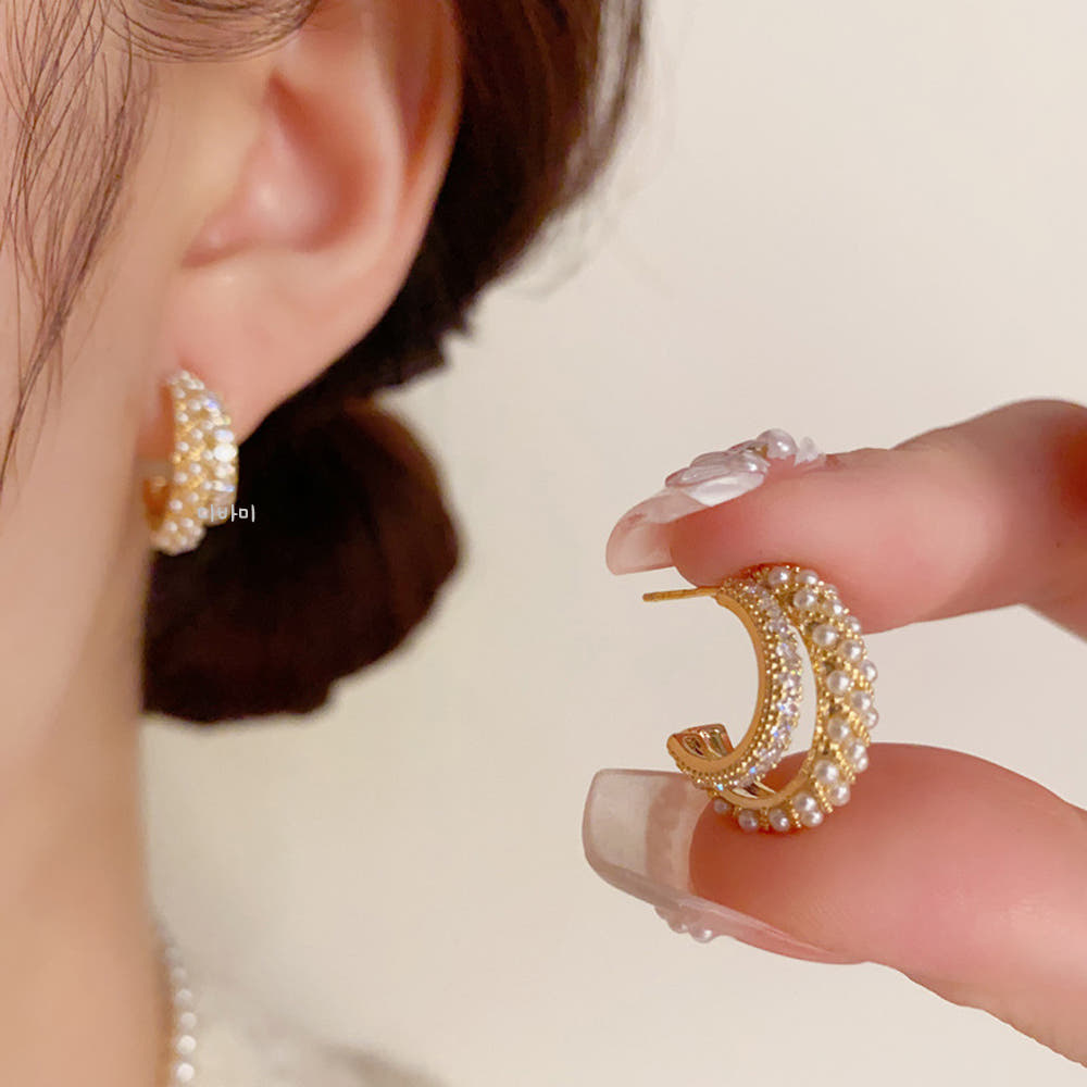 더블 레이어 반링 14K 진주 귀걸이 우아한 큐빅 볼드 이어링 이미지 8