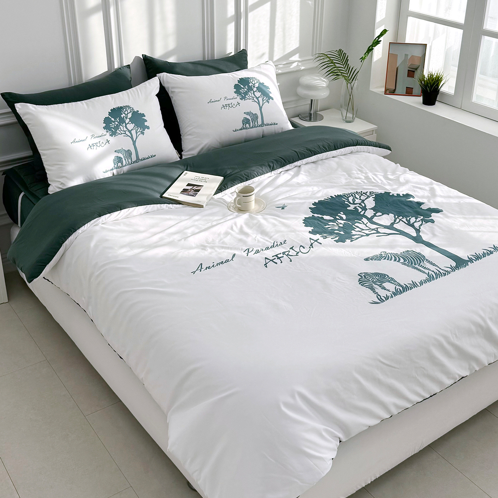 사바나 애니멀 프린트 워싱 옥수수솜 무봉제 차렵이불 세트 포레스트그린, Q패드세트(이불+베개커버+침대패드)
