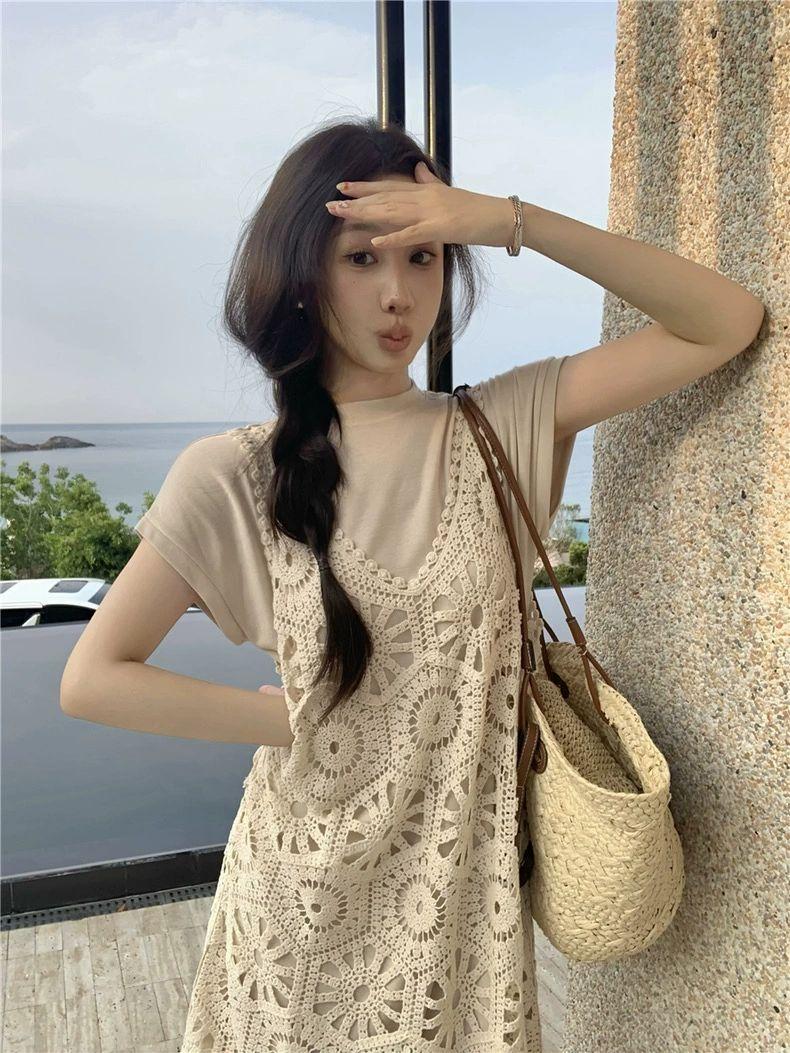크로쉐니트원피스 베트남 보라카이원피스 크로쉐 살구색레이스원피스 휴양지 보라카이 살구색짧은소매T셔츠+살구색레이스원피스 XL - 상세 이미지 2