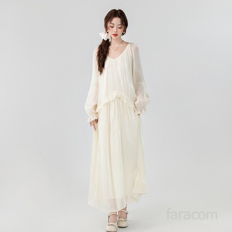 레이스 롱원피스 여름 휴양지 스타일 슬림핏 여성 드레스 시원한 착용감 데일리 패션 트렌디한 디자인 - 상품 이미지