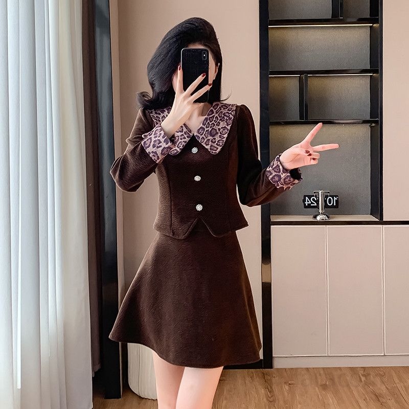 여성 레오파드 프린트 스플라이싱 A라인 숏 스커트 투피스 세트 봄 패션 트렌디한 스타일 캐주얼 오피스룩 데일리 착용감 편안한 외출용 - 상세 이미지 5