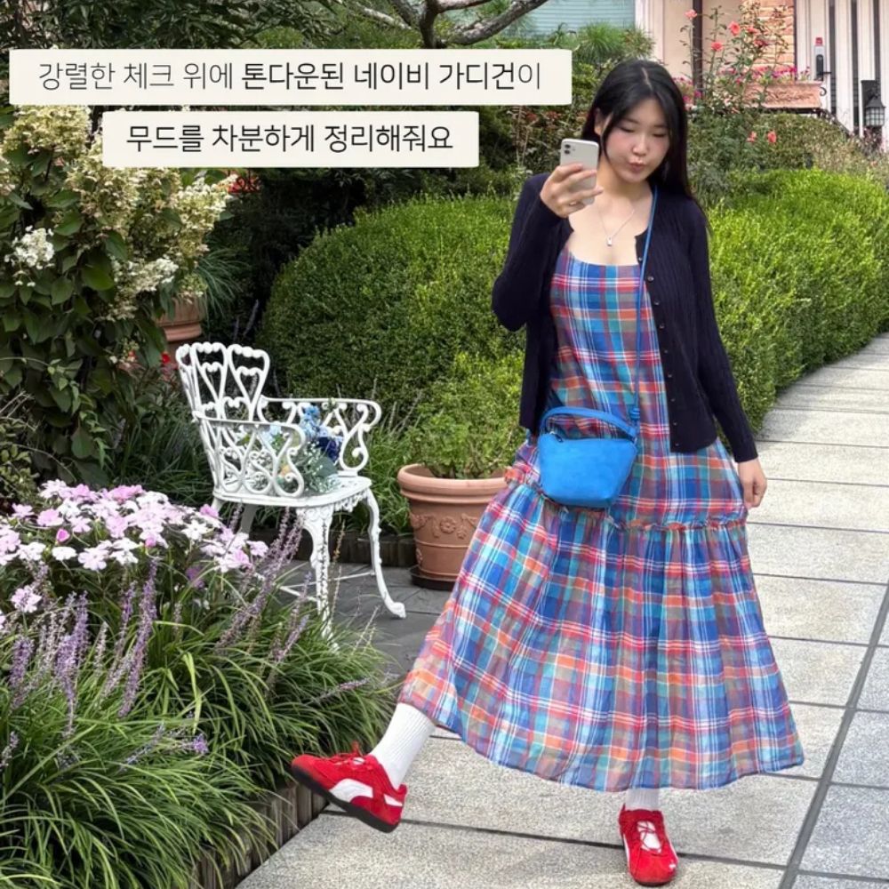 체크 슬리브리스 끈나시 원피스 간절기 데이트 울 가디건 세트 이미지 7