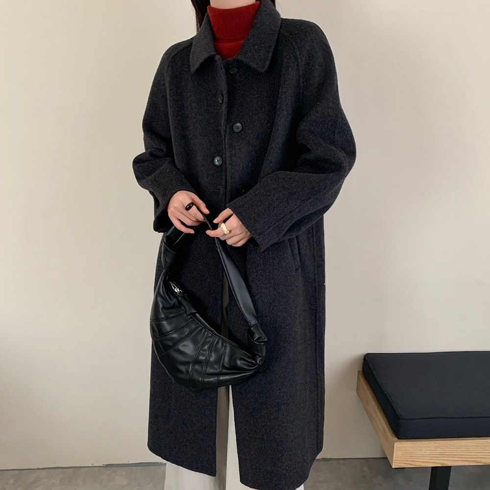 여성 핸드메이드 울100 블루 루즈핏 롱코트 겨울 간절기 모던 아우터