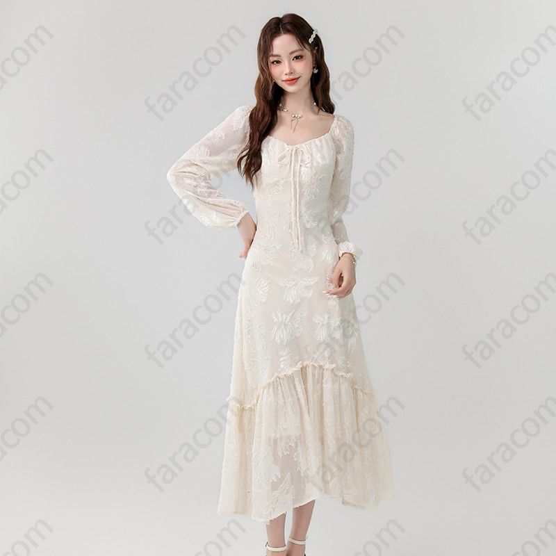 여성 스퀘어넥 플라워 롱원피스 봄여름 슬림핏 리본 디테일 우아한 스타일 데일리 드레스 휴양지 패션 - 상품 이미지