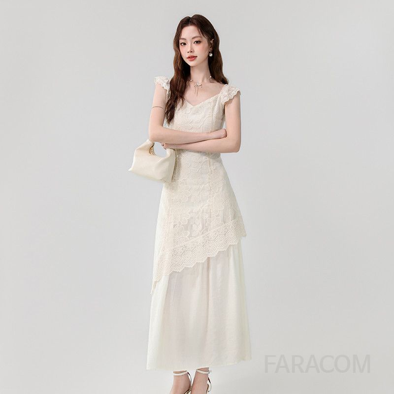 레이스 자수 롱 드레스 우아한 여름 여성원피스 프렌치 V넥 시원한 착용감 여행 휴양지 스타일 바캉스룩 데일리 패션 - 상세 이미지 4