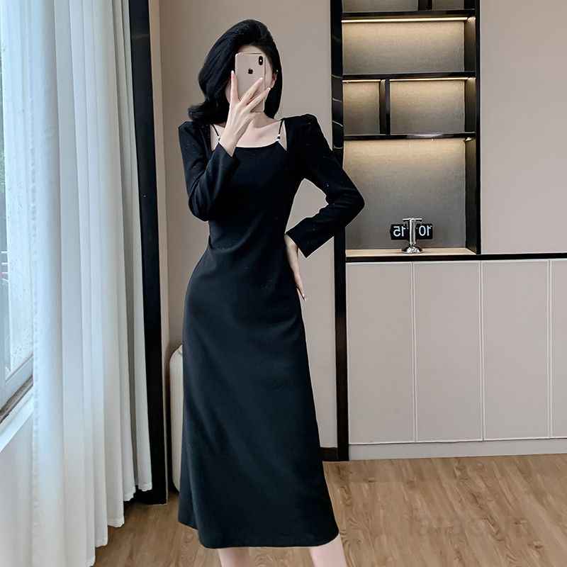 여성 슬림 미디 원피스 봄 신상 프렌치 스퀘어 칼라 스타일 탄력 있는 실루엣 중장기장 드레스 빛나는 힙 감싸는 디자인 데일리룩 복고풍 패션 - 상세 이미지 5