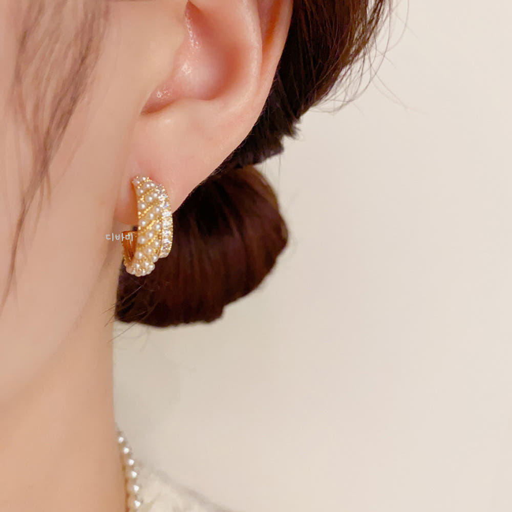 더블 레이어 반링 14K 진주 귀걸이 우아한 큐빅 볼드 이어링 - 상세 이미지 5