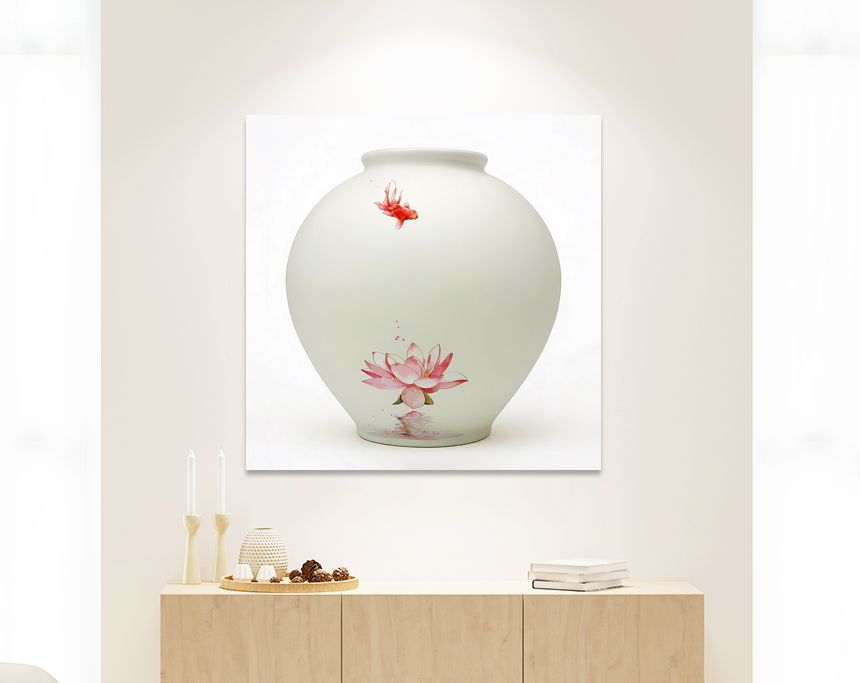연꽃 달항아리 물고기 그림 돈들어오는 풍수 거실 액자 가게오픈선물 소형 이미지 8