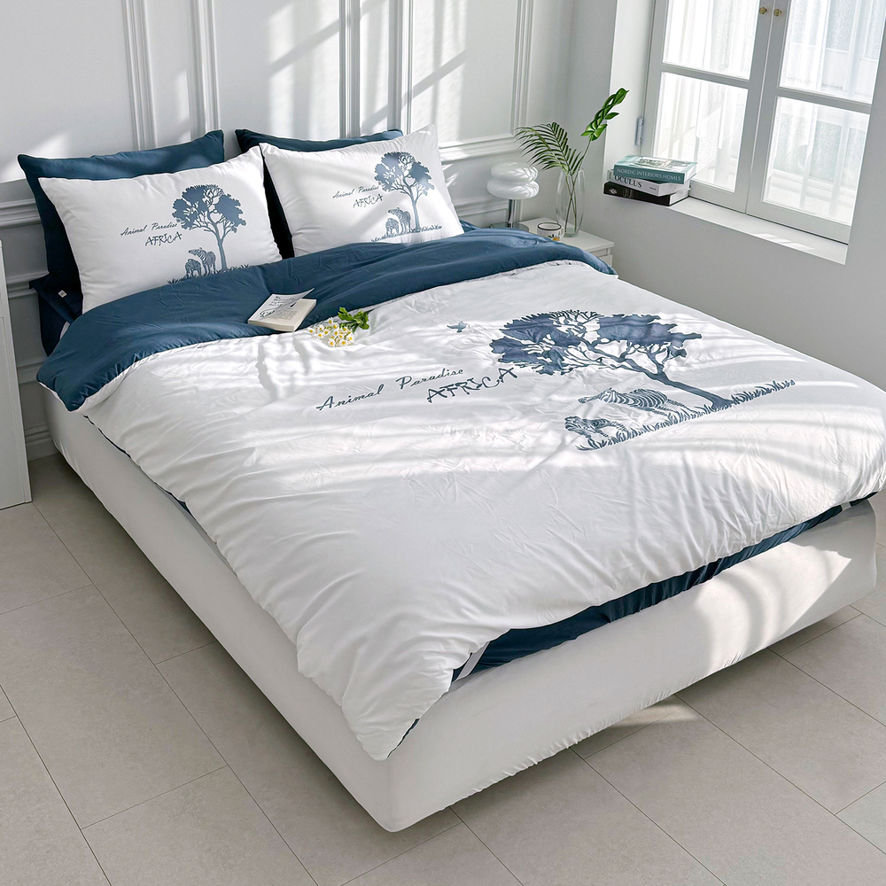 루시드슬립 사바나 애니멀 프린트 옥수수솜 무봉제 차렵이불 세트 나이트블루, SS패드세트(이불+베개커버+침대패드)