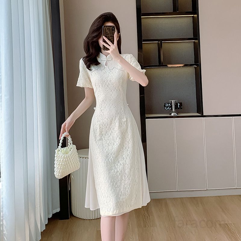 여성용 여름 레이스 미디 원피스 진주 디테일 가짜 투피스 스타일 복고풍 드레스 중장기장 우아한 디자인 데일리룩 신상 패션 - 상세 이미지 3