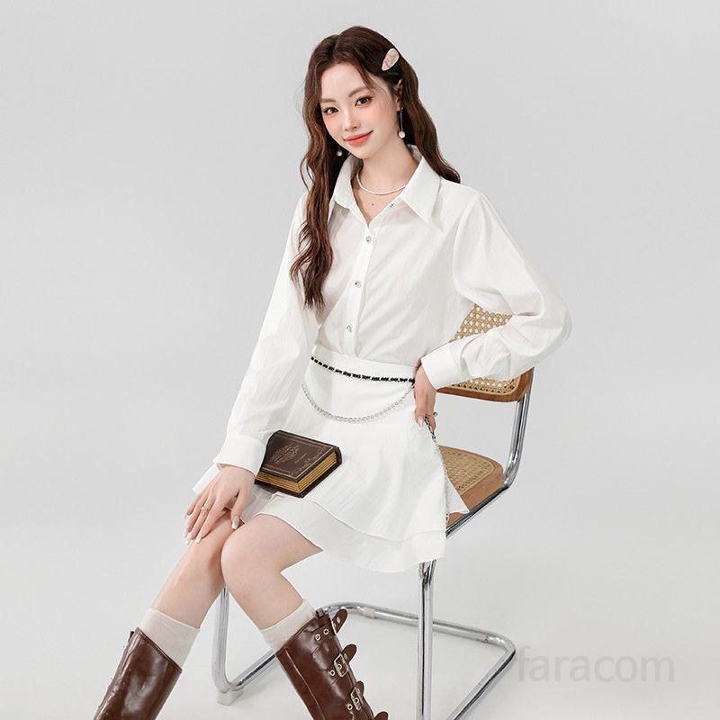 화이트 블라우스 세트 봄여름 여성 리본타이 러플 스커트 스타일 캐주얼 세련된 세트 여성용 데일리룩 하객룩 코디 7부소매 셔츠 - 상세 이미지 2
